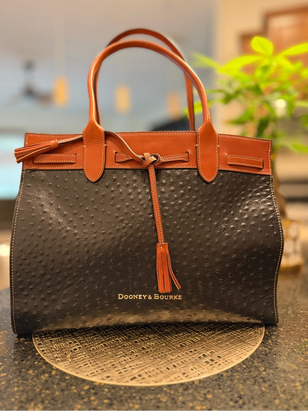 Dooney & Bourke Black and Brown Two-Tone Ostrich-Texture Tote